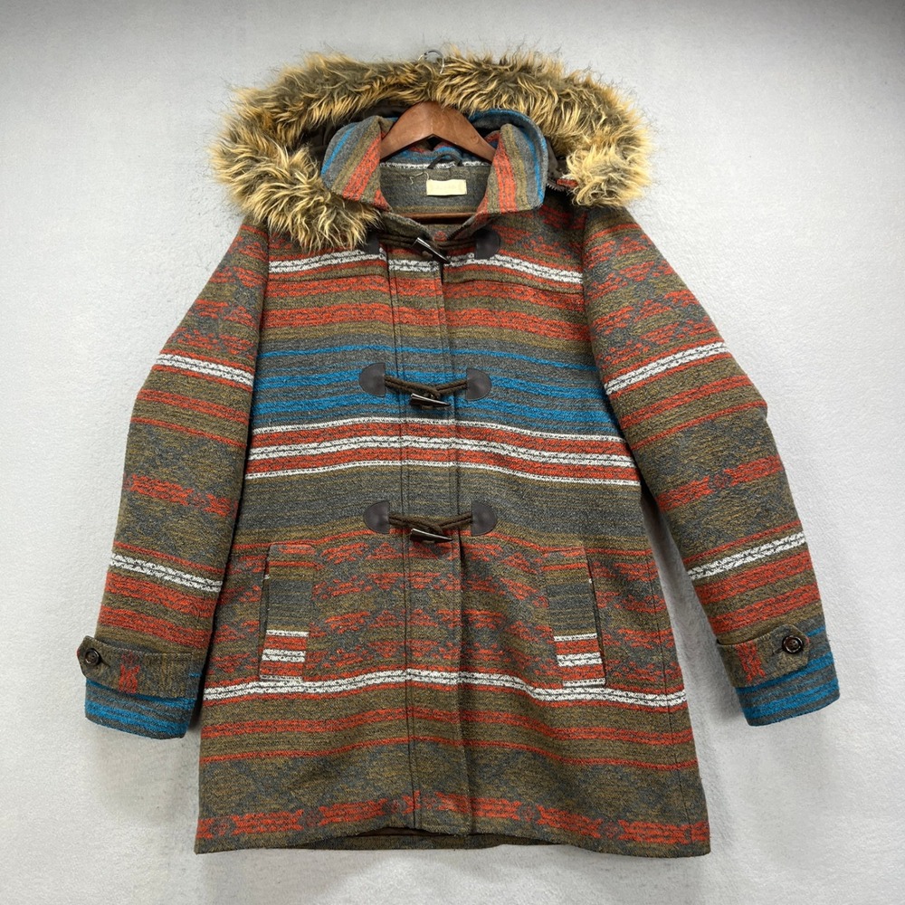 Altard State Duffle Coat Women L Multi Color Striped Faux Fur Hood Southwestern